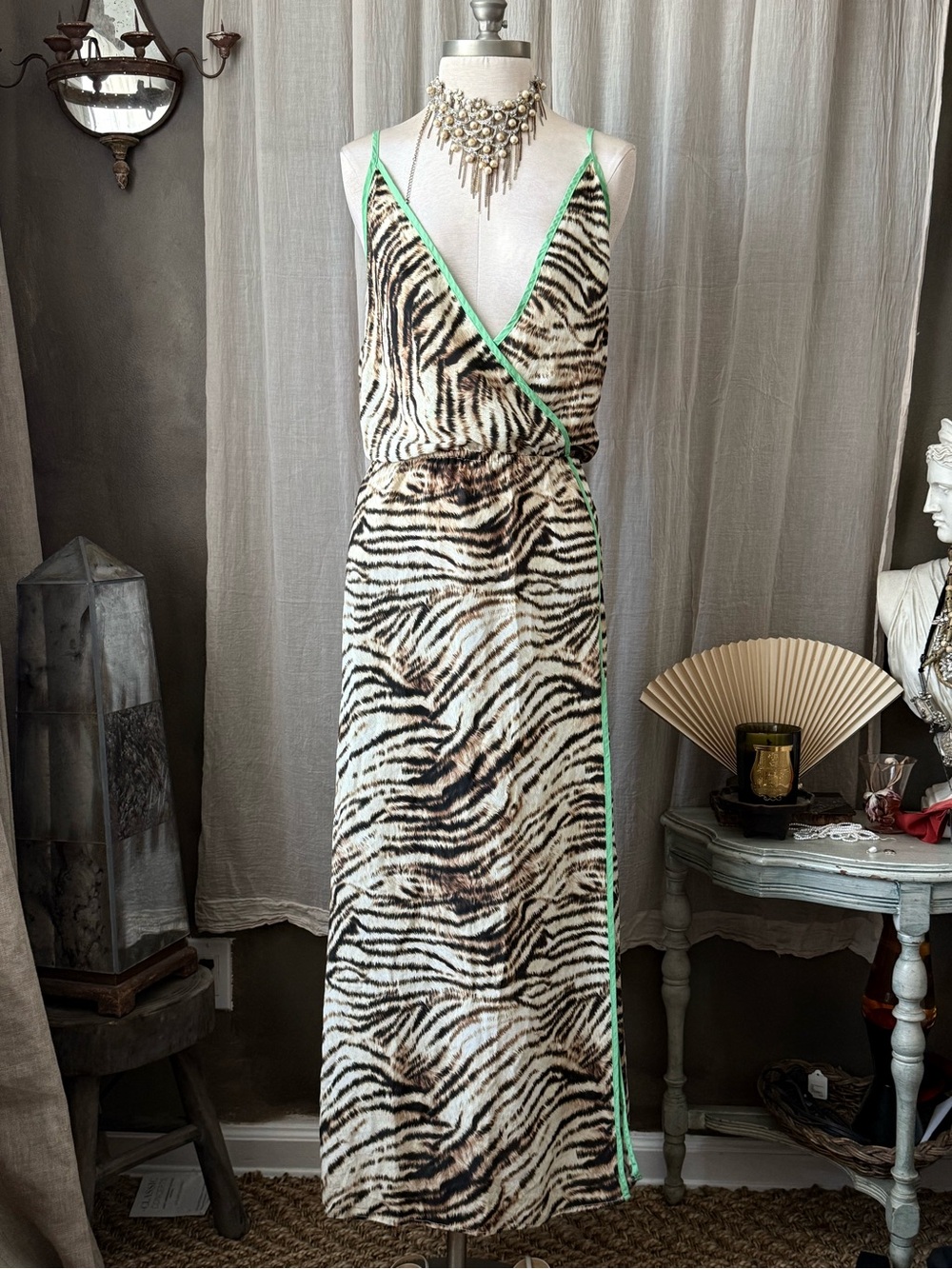 Vix by Paula Hermanny Animal Print zebra Maxi silk Dress with Neon Trim y2k